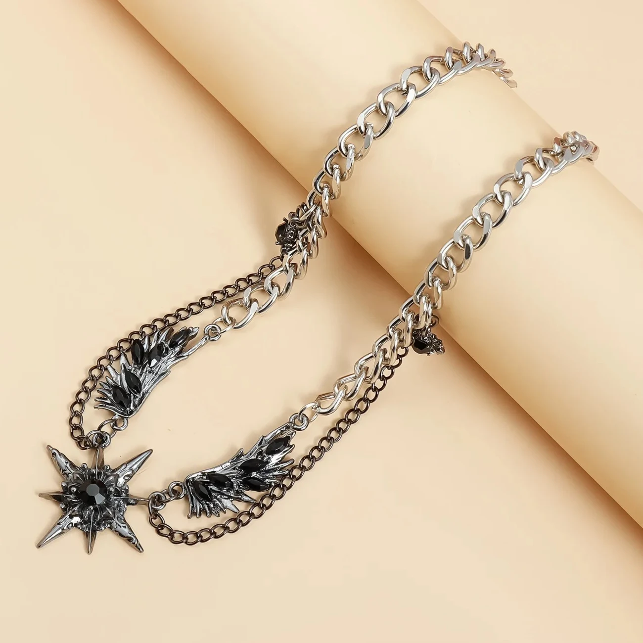 Daily Wear Silver Chain Necklace Wing Star Pendant Trendy Dark Girl Style Sweet Cool Fashion Accessory