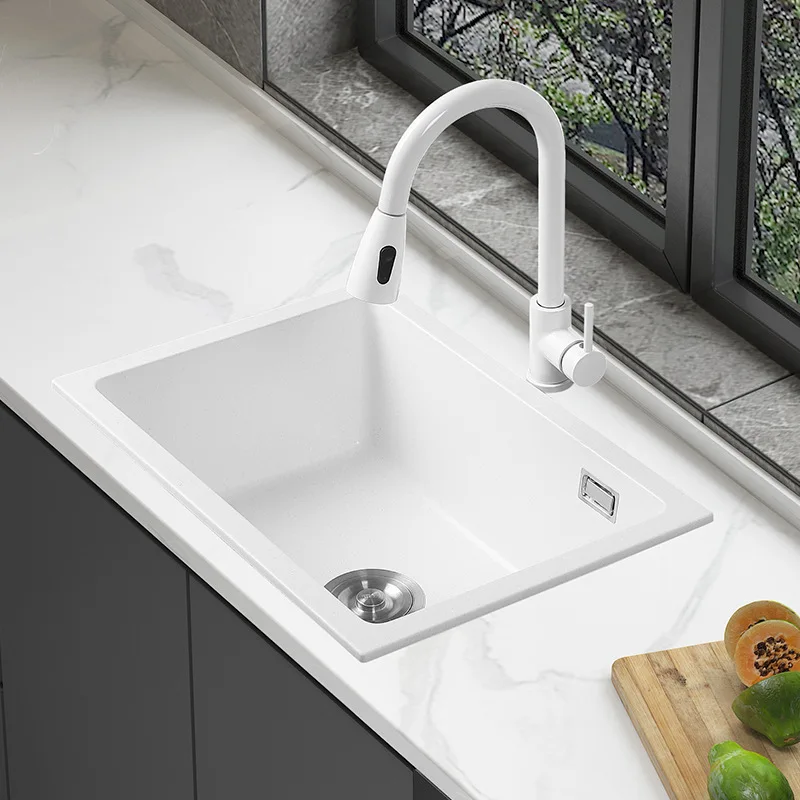 600*420*200mm White Quartz Kitchen sink High quality artificial stone Above counter basin Single kitchen sink undercounter