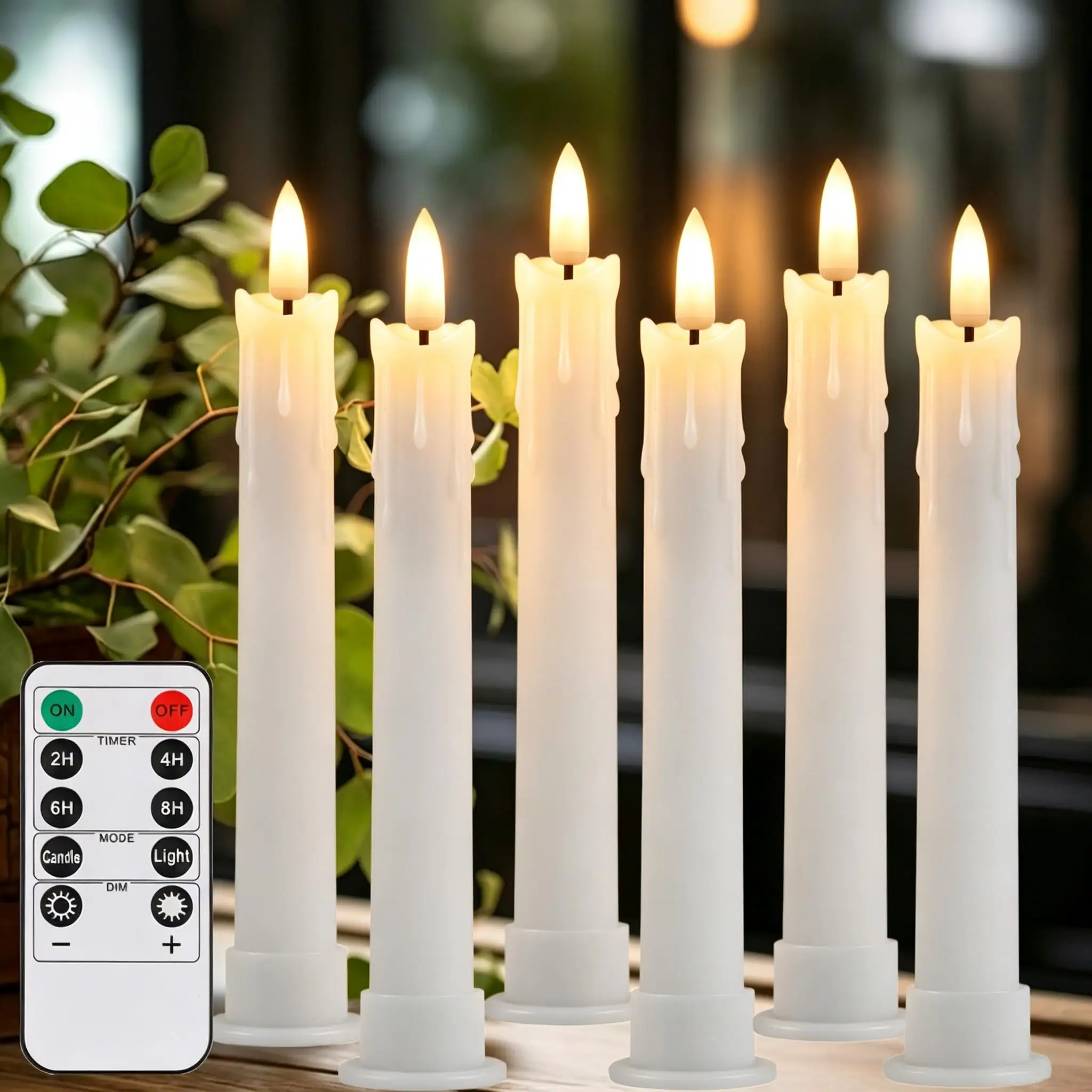 6 Pack Flickering Flameless Taper Candles with Remote and Timer LED Candlesticks Plastic Window Candle Party Indoor Home Decor