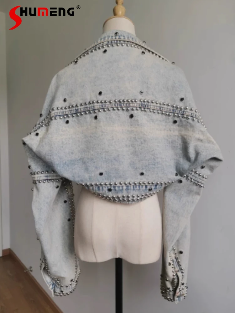 2024 New Punk Denim Coat Three-dimensional Metal Beaded Diamond Decoration Denim Coats Light-colored Shoulder Denim Short Jacket