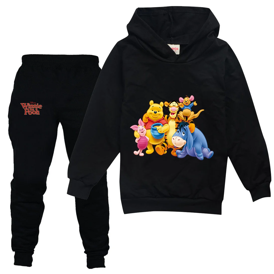 

Disney Winnie the Pooh Boys Girls Casual Thin Hoodies Black Pants Children Teen Outerwear Clothing Sets Kids Sportswear Suits