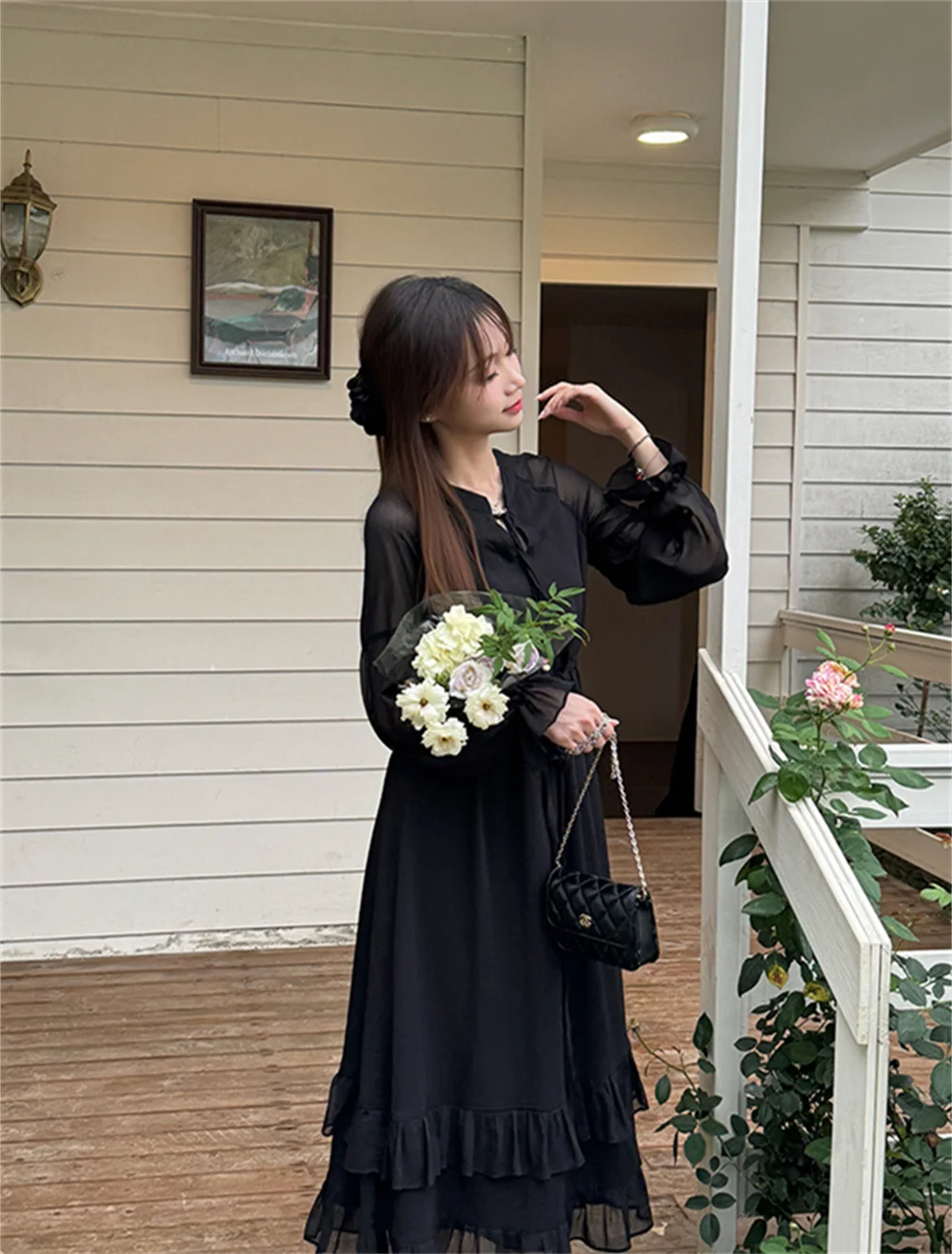 Vestidos de manga comprida vestido feminino para festa de casamento outono malhas smocked abotoado gola h-line estilo minimalista y2k