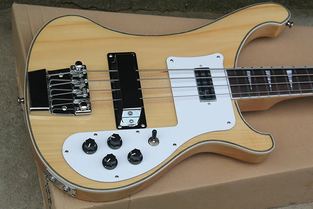 4 Strings Natural Wood Color Electric Neck-thru-body Bass Guitar with White Pickguard,Maple Fretboard with White Binding