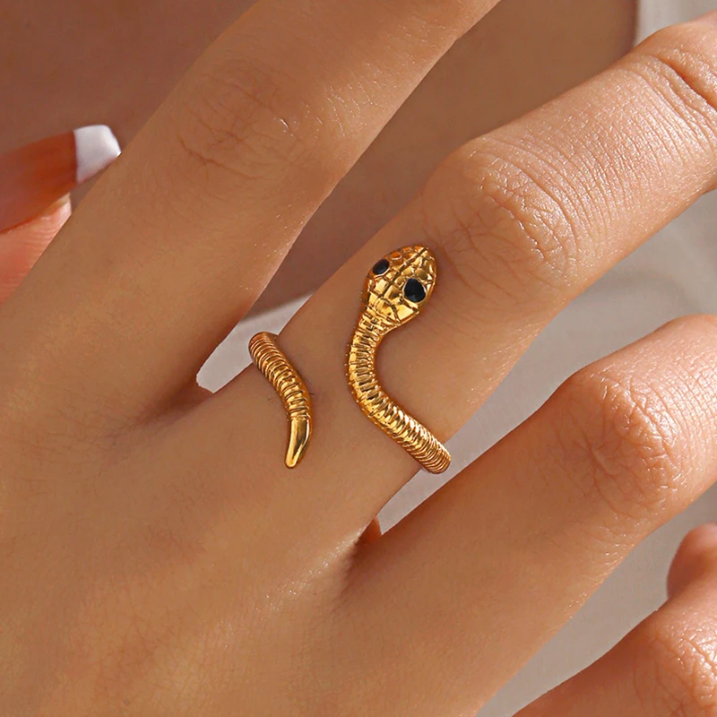 Edelstahl Schlangenförmiger Offener Ring für Frauen Exquisiter Vintage Ethnischer Stil Schlangenring Hip-Hop Punk Vielseitiger Schmuck Geschenk