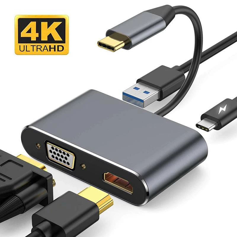 

USB C 4in1 Hub Type-C Thunder-bolt3 to 4K HD 1080P VGA Display USB 3.0 with PD Charging Port Splitter Cable for Macbook Ipad Pro