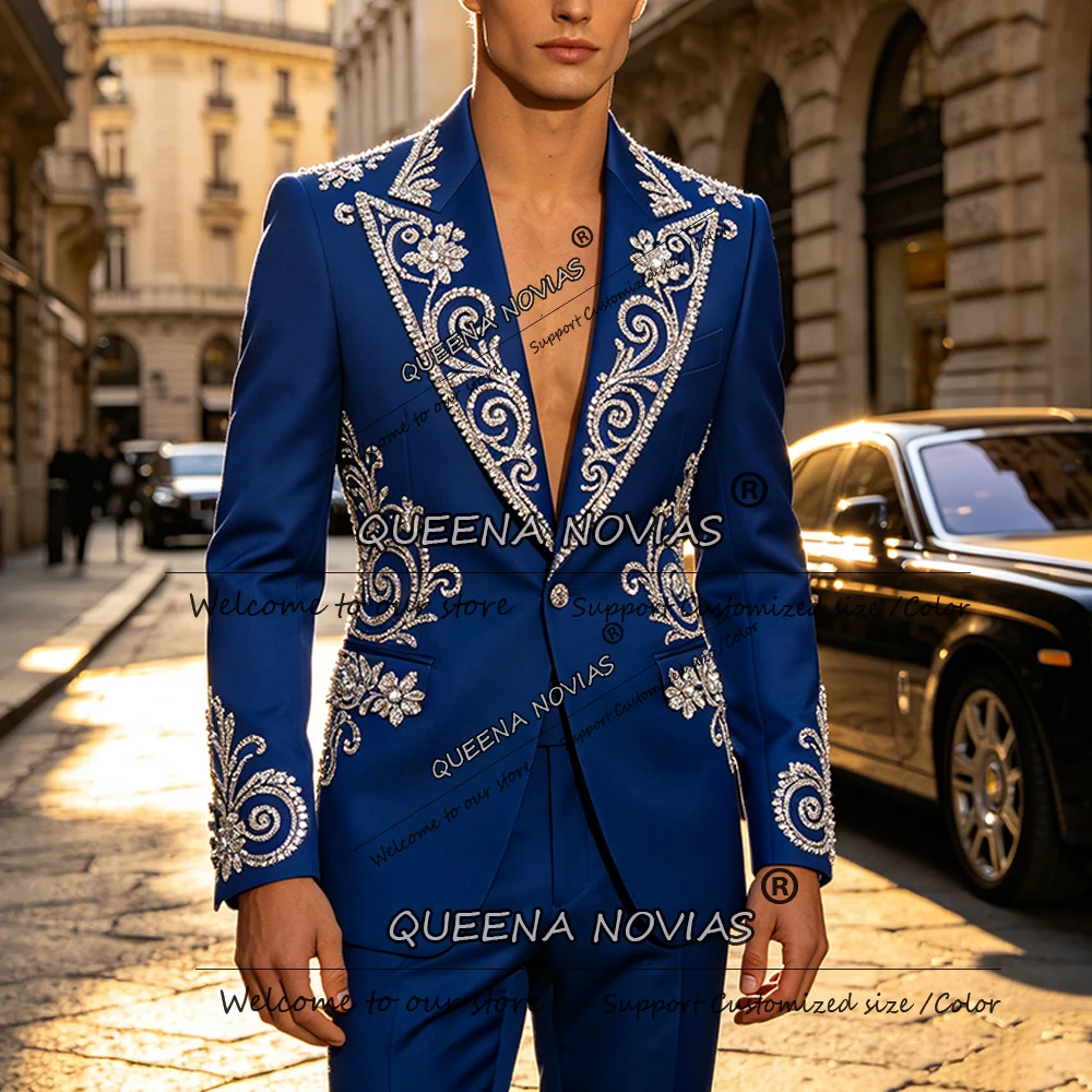 Exclusive Wedding Suit For Man Beaded Stones Prom Blazers Customized 2 Piece Sets Groom Tuxedo Attire Trajes Para Hombre Skinny