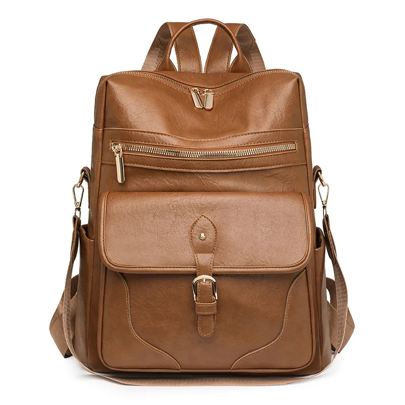 Retro women's backpack, PU soft leather with multiple pockets, large capacity business commuting travel backpack