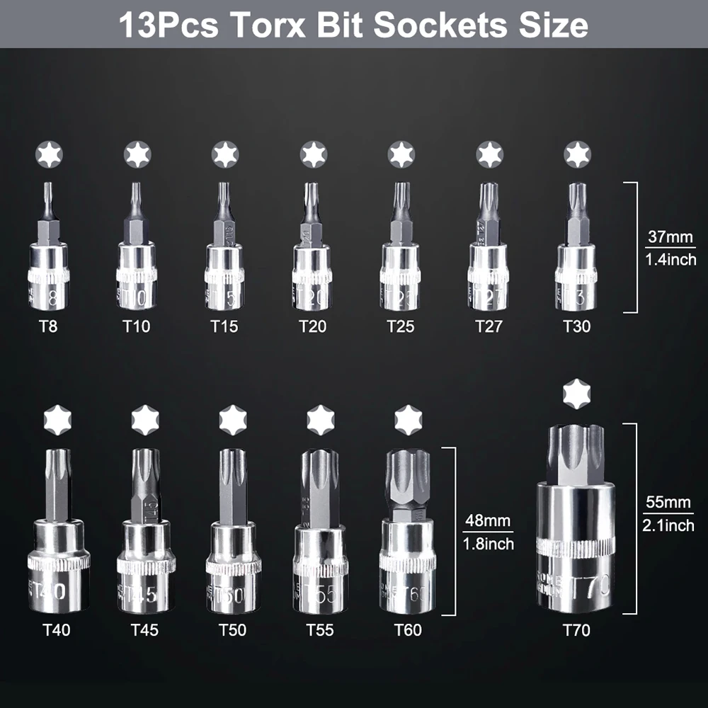 13pc Torx Star Bit Socket Nuts Set 1/4 3/8 and 1/2" Drive T8 - T70 Home Tool Kits image 2