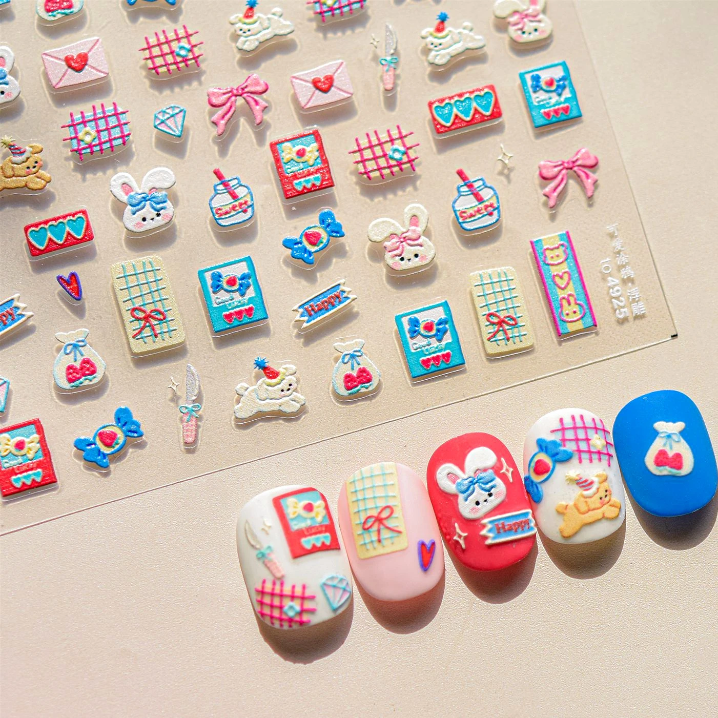 

Graffiti Rabbit Dog Bunny Milk Strawberry Jewel Candy Knife Envelope Soft Relief Adhesive Nail Art Stickers Cute Manicure Decals