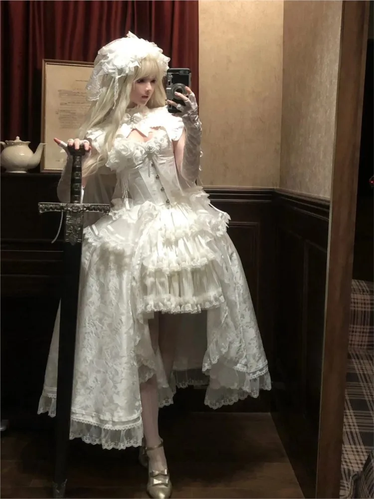 Gothic short front and long back gorgeous heavy white student day coming-of-age dress