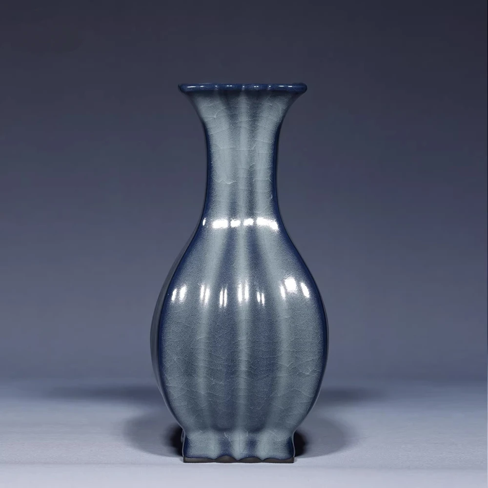 Jun Porcelain Four-sided Multi-ridged Vase Handmade Deep Blue White Glaze Charcoal Burned Song Dynasty Style by Liu Chuang Bo