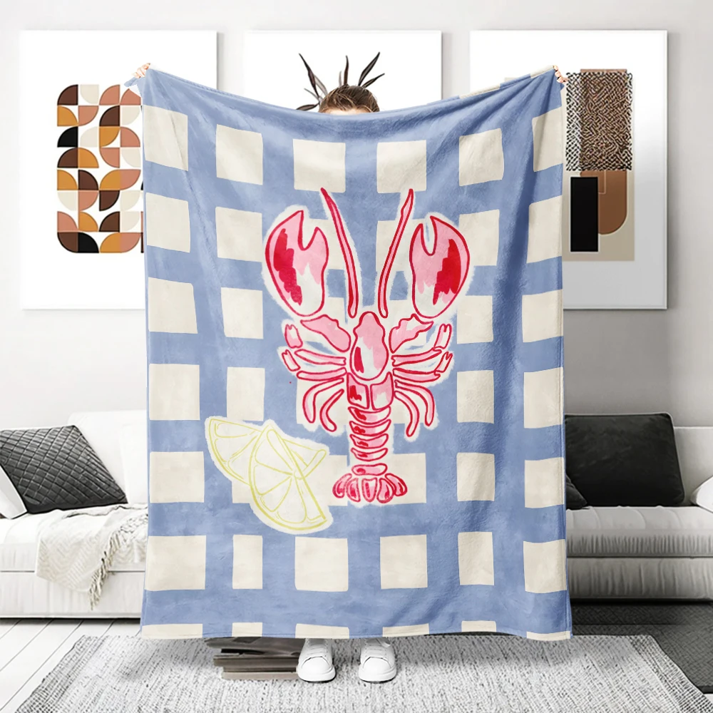Blue Checker Red Lobster Cozy Flannel Fleece Blanket Lightweight Plush Throw Blanket for Sofa Bed Travel Camping Warm Blanket