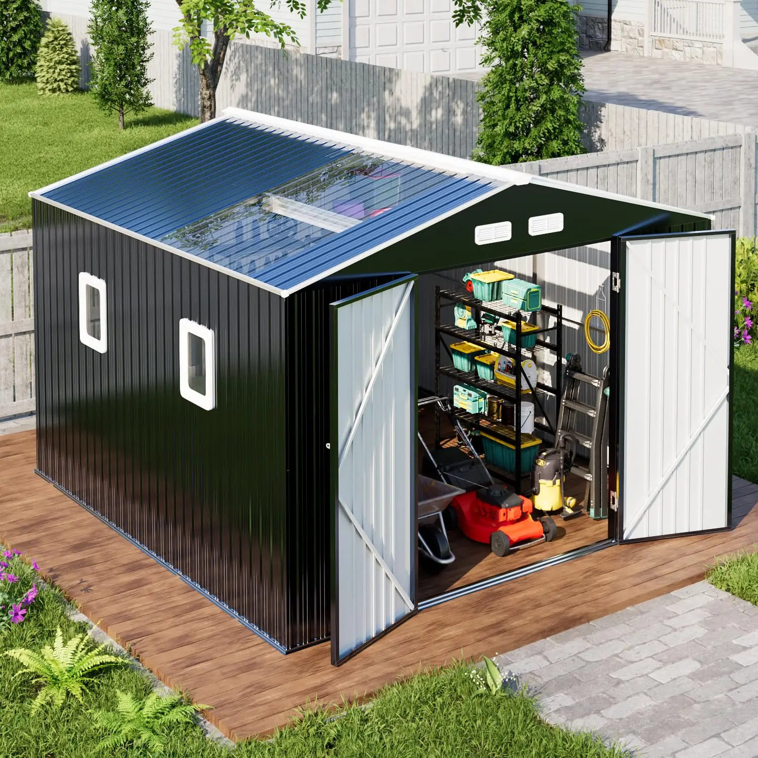 new 10x10 Outdoor Metal Storage Shed with Translucent Roof Panels, Windows & Lockable Doors for Garden, Backyard, Patio
