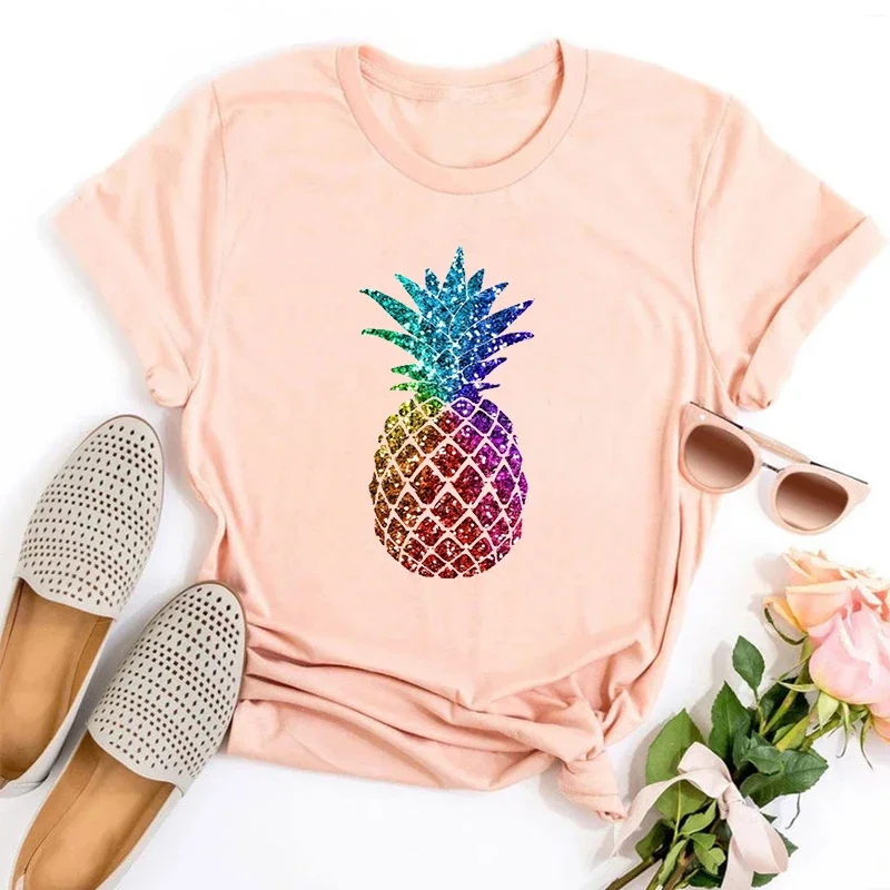 Rainbow Pineappl Shirts Women Summer Floral Aloha Clothes Vacation Beach Tee Tropical Plants Tshirt Hawaii Clothing Kawaii M