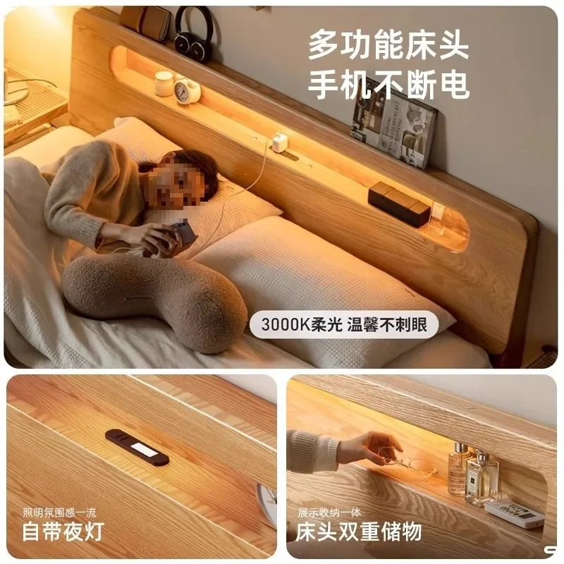 Modern Simple Solid Wood Bed 1.5m Tatami Style Double Bed with Storage Shelf for Rental Room Single or Couple Use