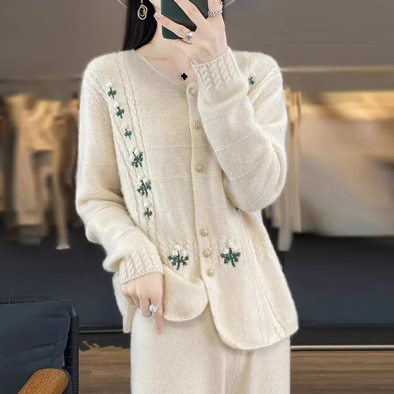 Autumn Winter New Wool Cardigan Women Knitted Sweaters Korean Fashion Loose Cashmere Jackets Chic Embroidery Knitwear Tops