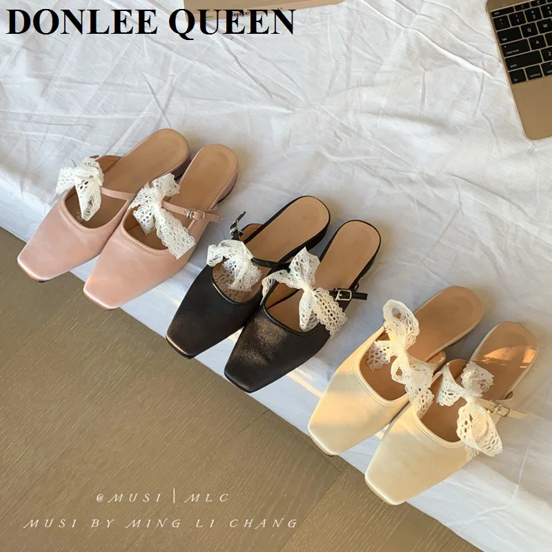 

Fashion Square Toe Flats Slippers Women Casual Slip On Loafers Female Outside Slide 2025 New Spring Summer Lace Flip Flops Mujer