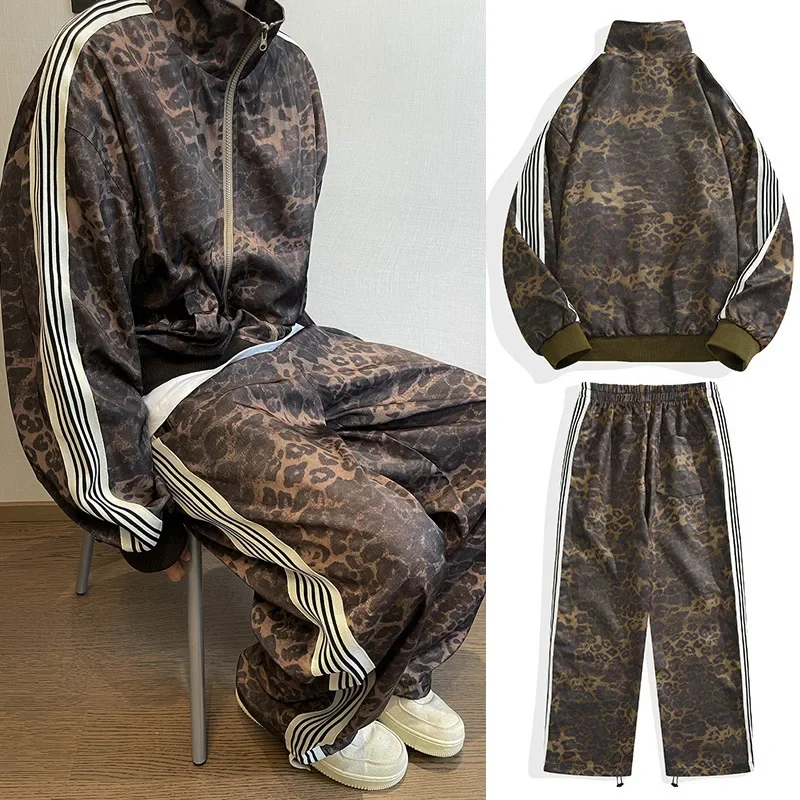 Vintage Leopard Print Sports Suit Jacket Sweatpants For Men Hip Hop Style Digital Printing Striped Vest