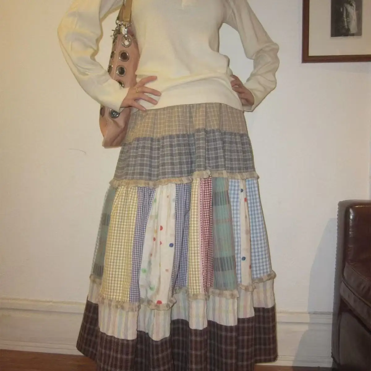 2026 Trend New Fashion Cotton Blend Patchwork Long Skirt High Waist Half Skirt Women's Streetwear Y2K Skirt