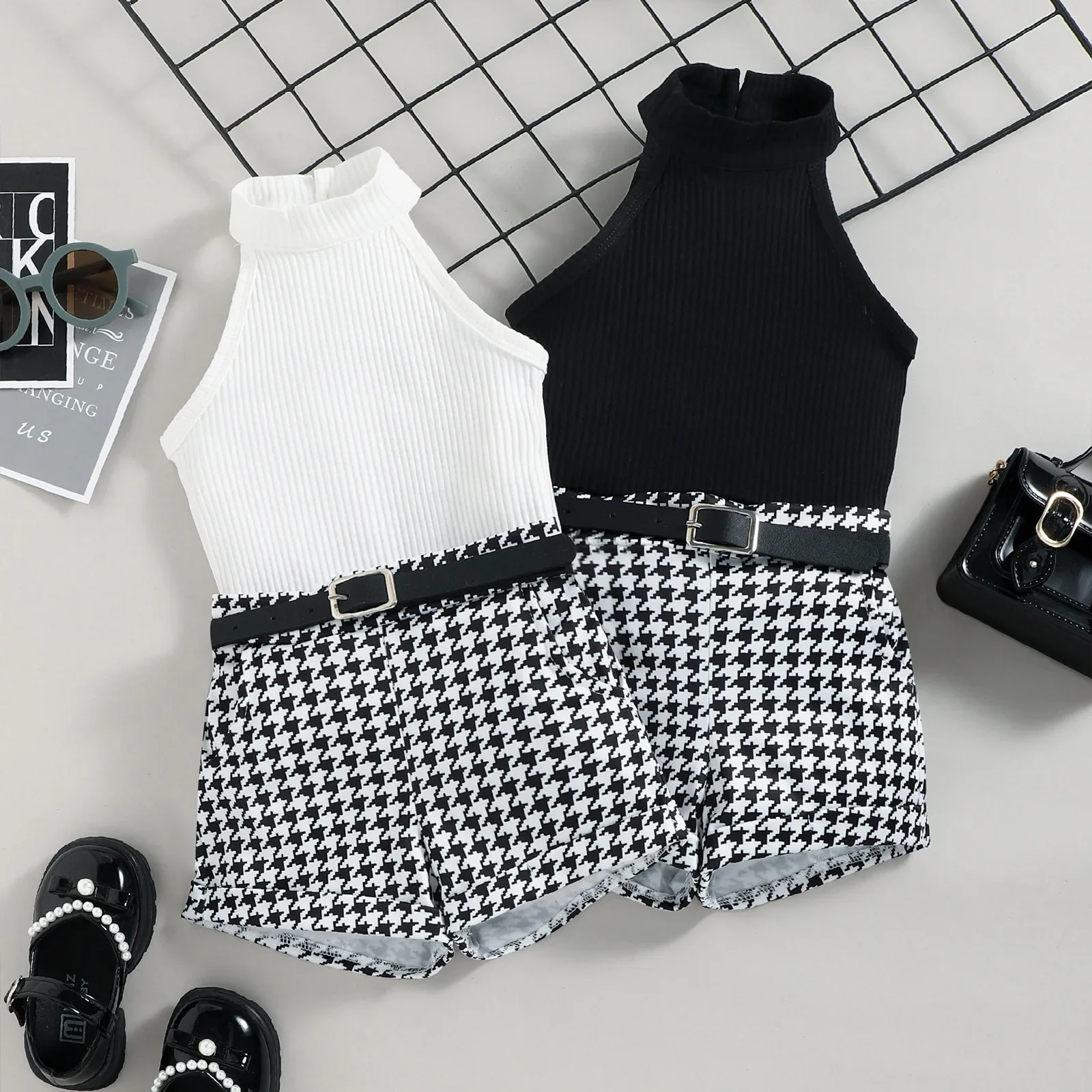 Set pakaian anak perempuan, setelan atasan Crop dan celana pendek Houndstooth musim panas keren untuk anak perempuan + sabuk kulit