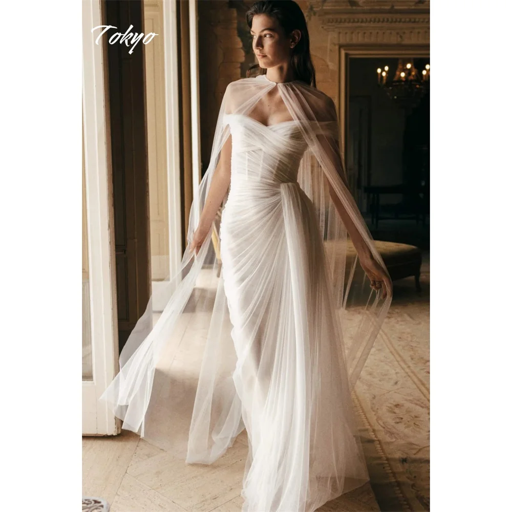 Tokyo Customized White Off Shoulder Wedding Dresses Short Sleeve Mermaid Bridal Gowns Shawl Floor-Length Train Wedding Gowns