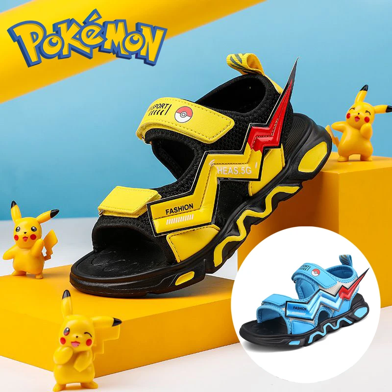 Pokemon Boy Sandals Summer New Pikachu Student Kids Boy Soft Bottom Non-Slip Air Cushion Beach Hole Shoes Breathable Lightweight