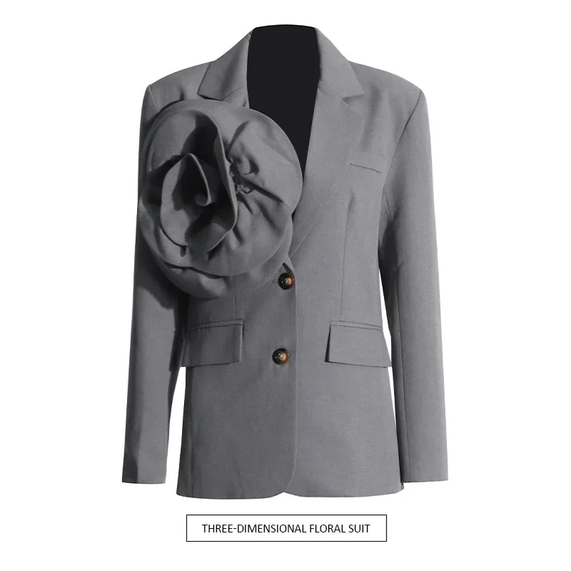 Super aen eleganten Stil Top Herbst neue Mode drei dimensionale Blume V-Ausschnitt grau lose Blazer Jacke