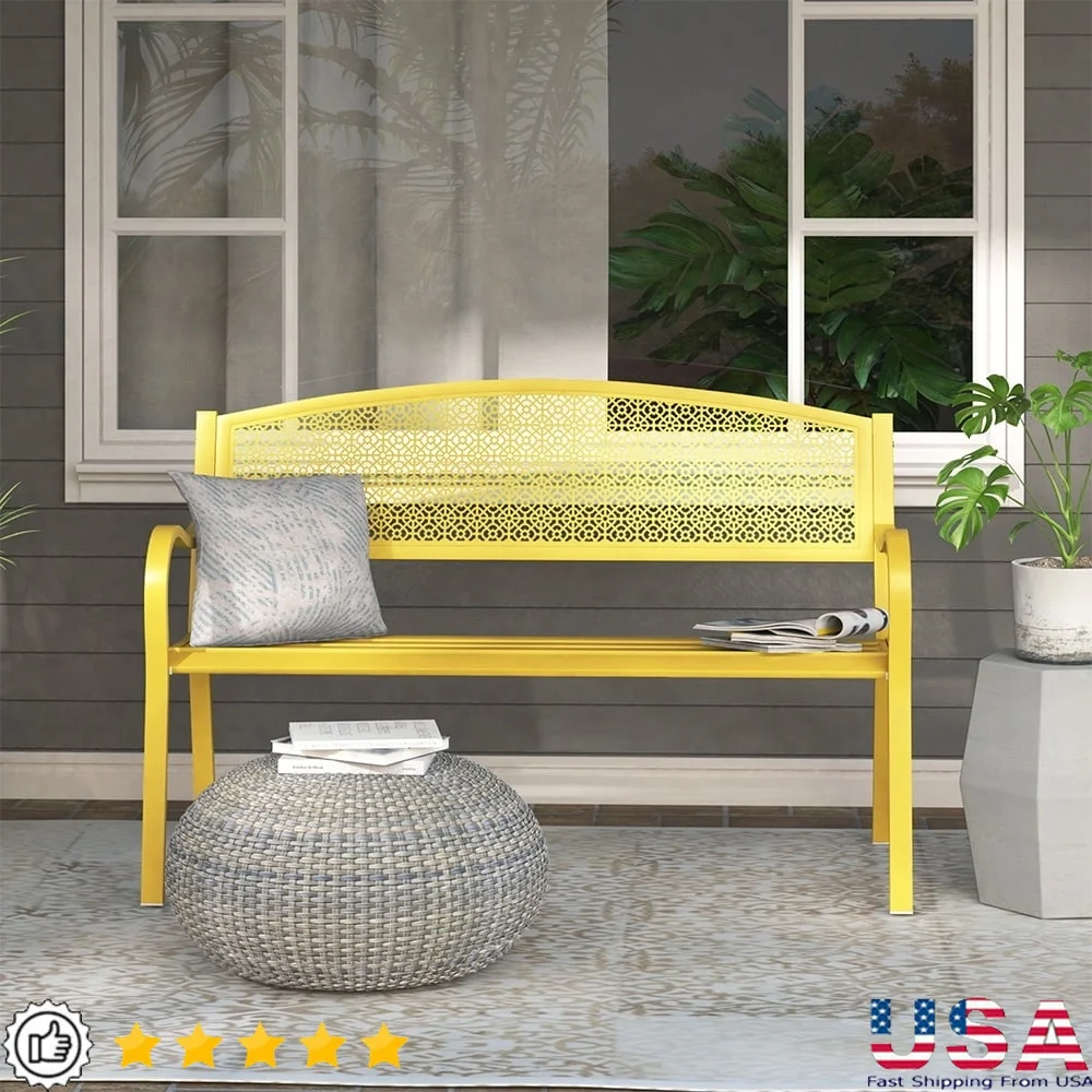 

2-Person Metal Outdoor Bench Durable Powder-Coated Steel Contoured Seat Stylish Pattern Comfortable Backrest Garden Patio