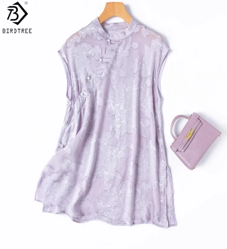 

Birdtree Summer 100% Mulberry Silk Semi Perspective Shirt,Women Stand Collar Purple Long Blouse Loose Tops,2025 New T57303JF