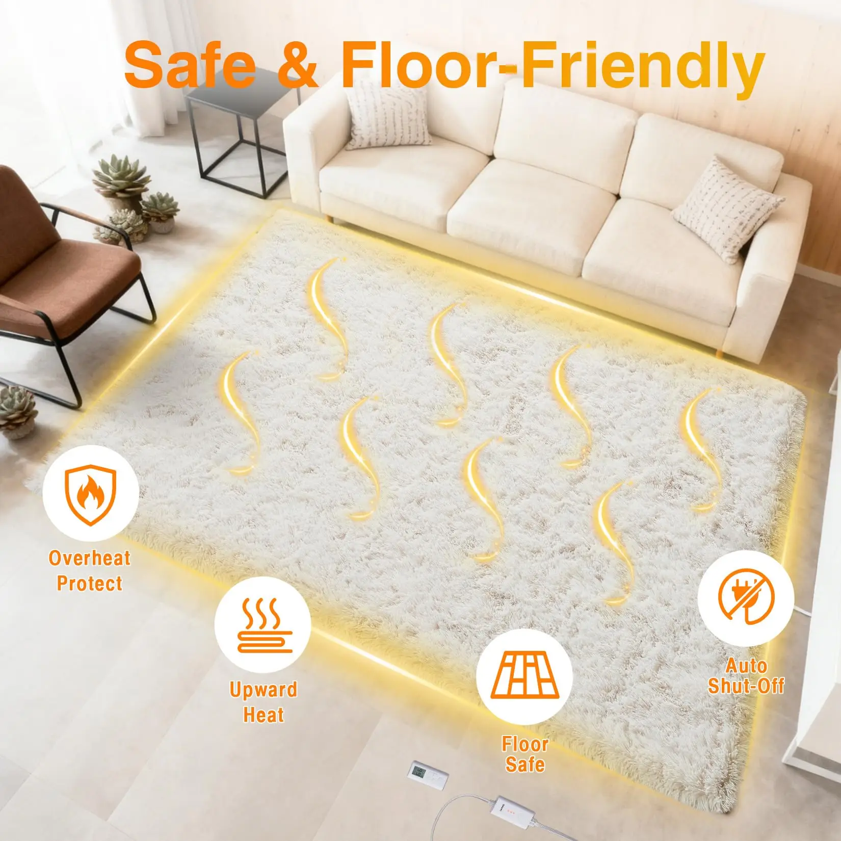 Wireless Heated Area Rug with RF Remote, Soft Shaggy Soft Electric Floor Mat Carpet, 6 Heat Levels, 10H Auto Shut-Off, Washable, Foot Warmer for Bedroom, Living Room, Office, 4x6/5x7/8x10 ft