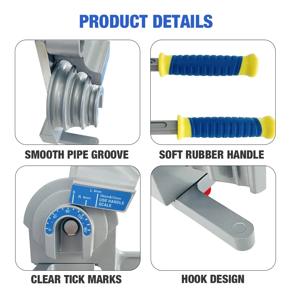 Diese manuelle 3-in-1-Rohrbiegemaschine eignet sich für Rohre mit 1/4 Zoll, 3/8 Zoll und 1/2 Zoll Durchmesser ermöglicht einen Biegewinkel von 180° und ist kompatibel mit Kupfer-, Aluminium-, Eisen- und Edelstahlrohren – Detail 5