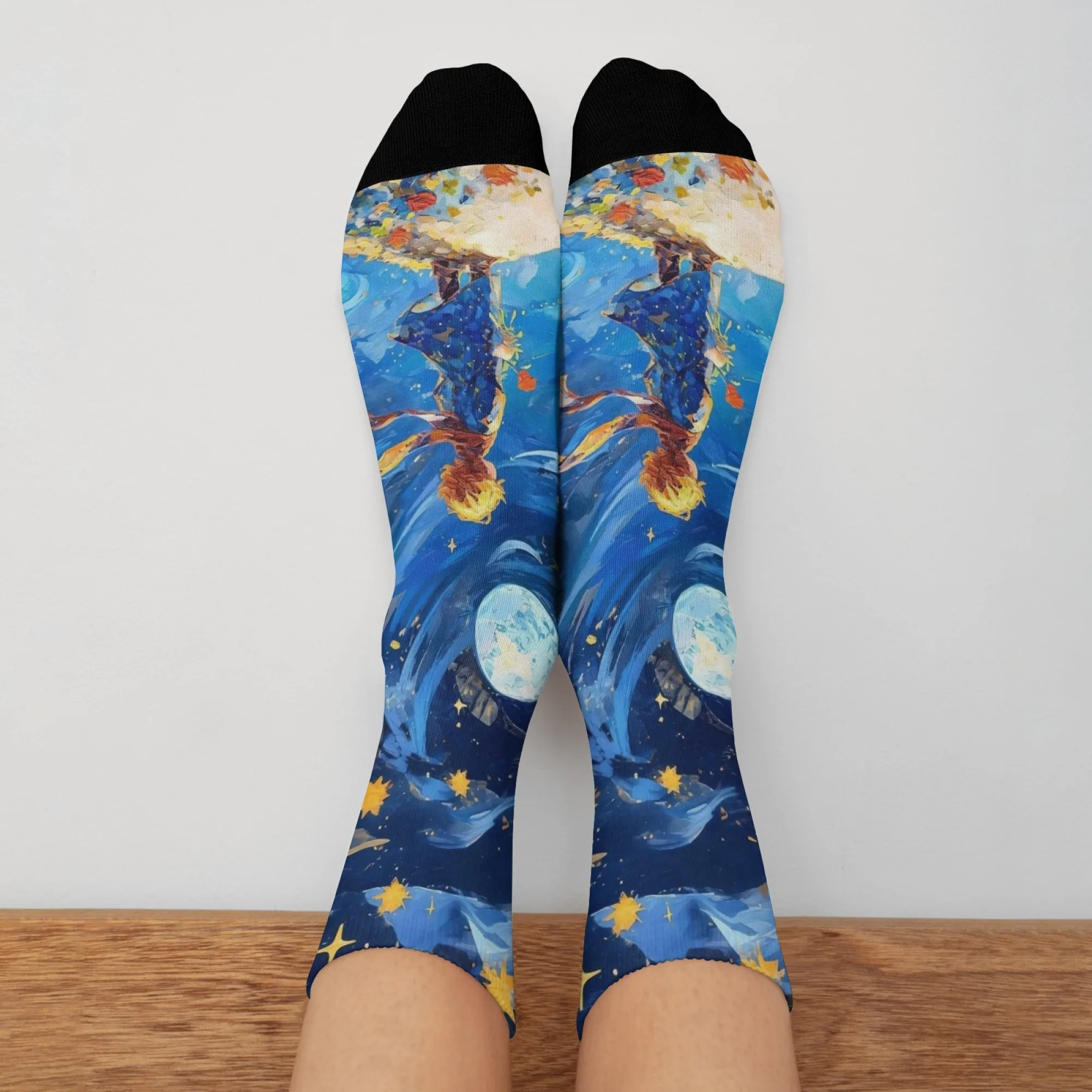 

Unisex Whimsical Cute Cartoon Cosmic Crew Socks，Little Boy, Rose, Moonlit Blue Sky & Golden Stars，Artistic Romantic Knitwear