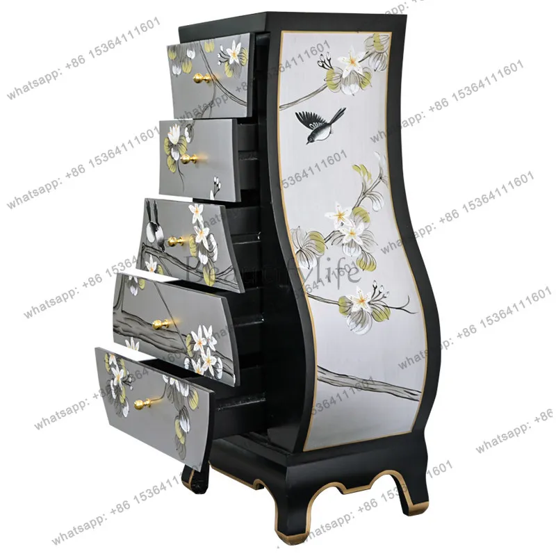Hand-painted silver foil flower and bird mini vase, five-corner cabinet, storage furniture, new Chinese bedside table