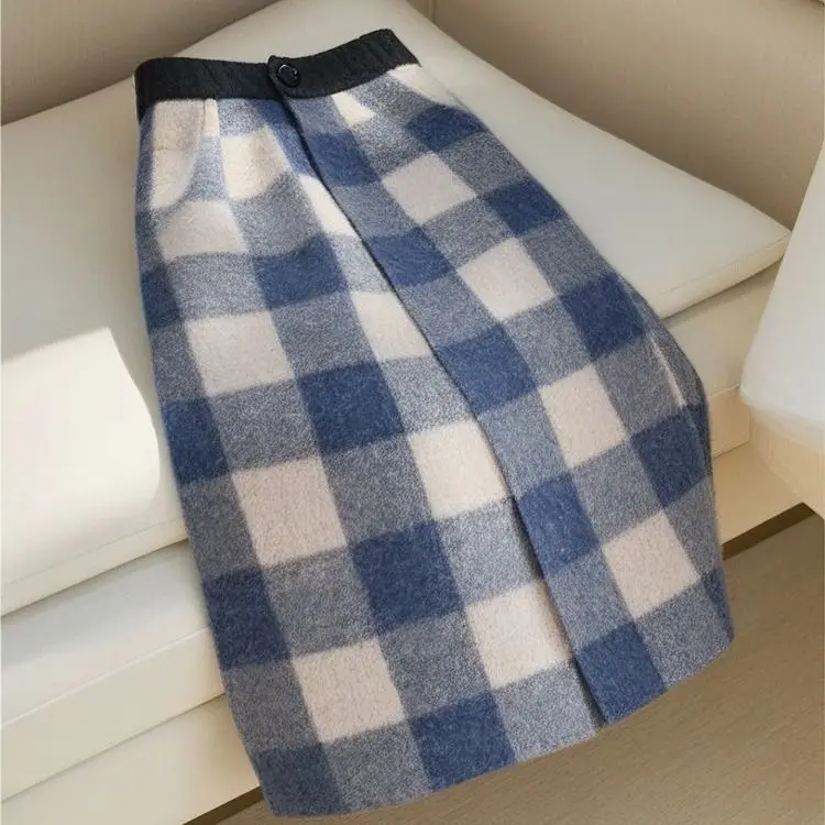 Korean unique  good-looking blue plaid high-waisted A-word  women's 2025 new autumn and winter long woolen skirt