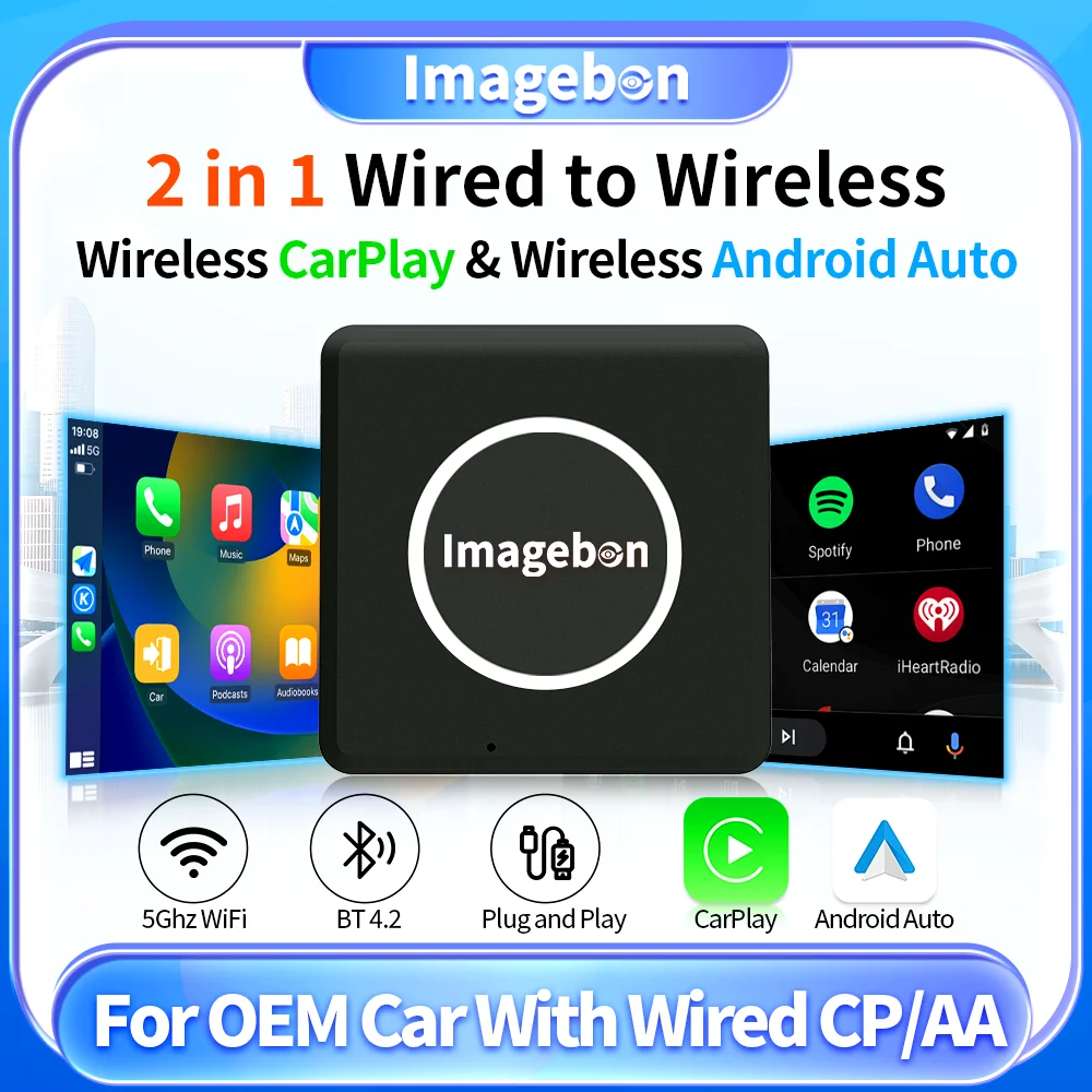 

Imagebon Wired to Wireless CarPlay Adapter Wireless Android Auto Dongle 2IN1 Smart Mini Box Plug And Play WiFi Fast Connect