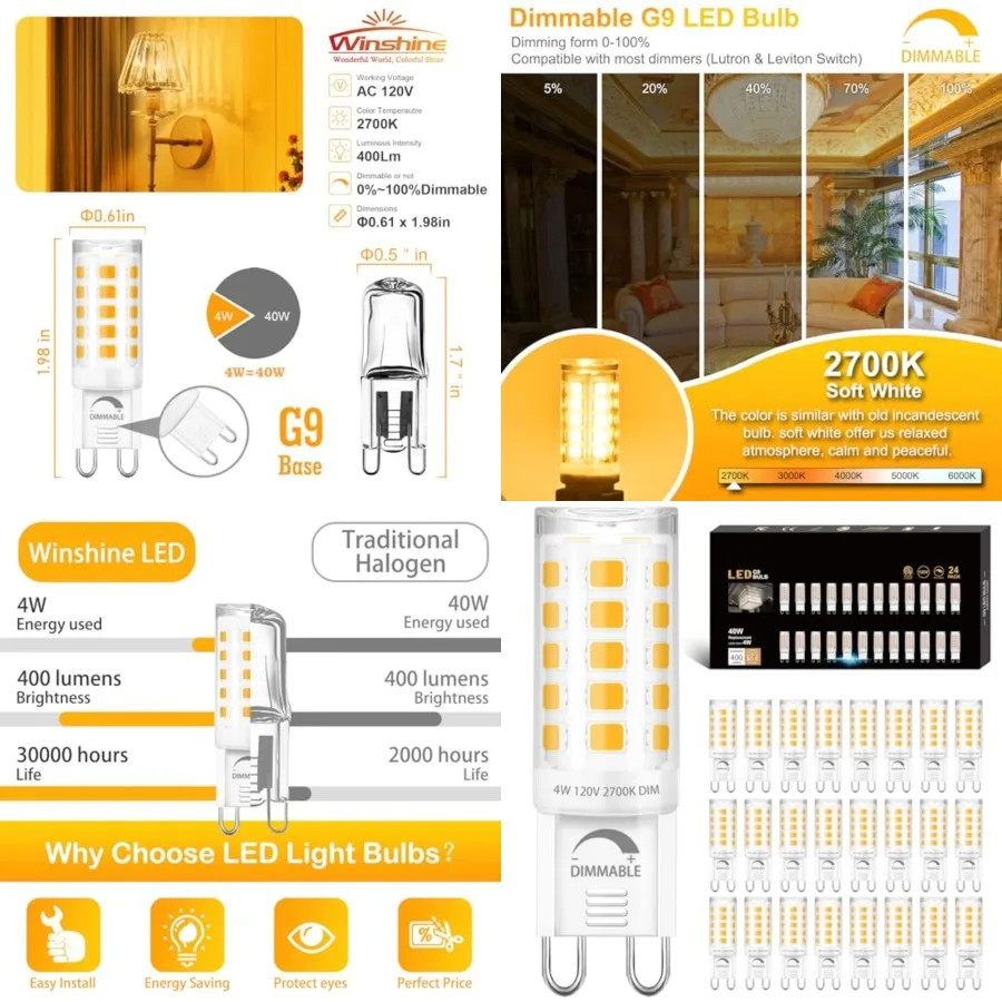 

24 Pack Dimmable G9 LED Light Bulb, 40W Equivalent Halogen Replacement, 4W G9 Base Chandelier Light Bulb, T4 Bi Pin Base, CRI85