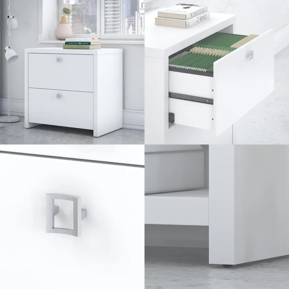 

White Lateral File Cabinet with Satin Silver Handles for Home Office, Holds Letter, Legal, and A4 Documents