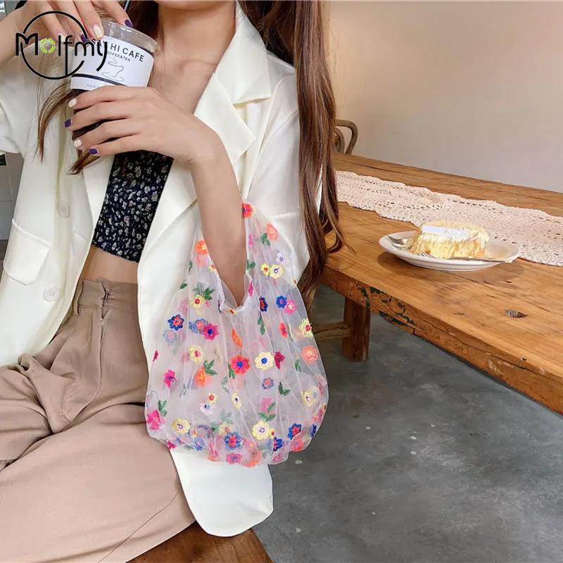 Transparent Women\'s Bag Silk Mesh Embroidery Flower Designer Luxury Bags Small Fresh Shopping Tote Bag Carteras Para Mujeres