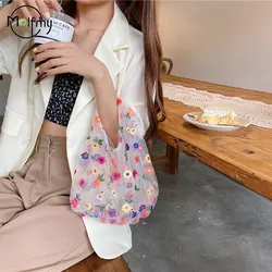 Transparent Women's Bag Silk Mesh Embroidery Flower Designer Luxury Bags Small Fresh Shopping Tote Bag Carteras Para Mujeres