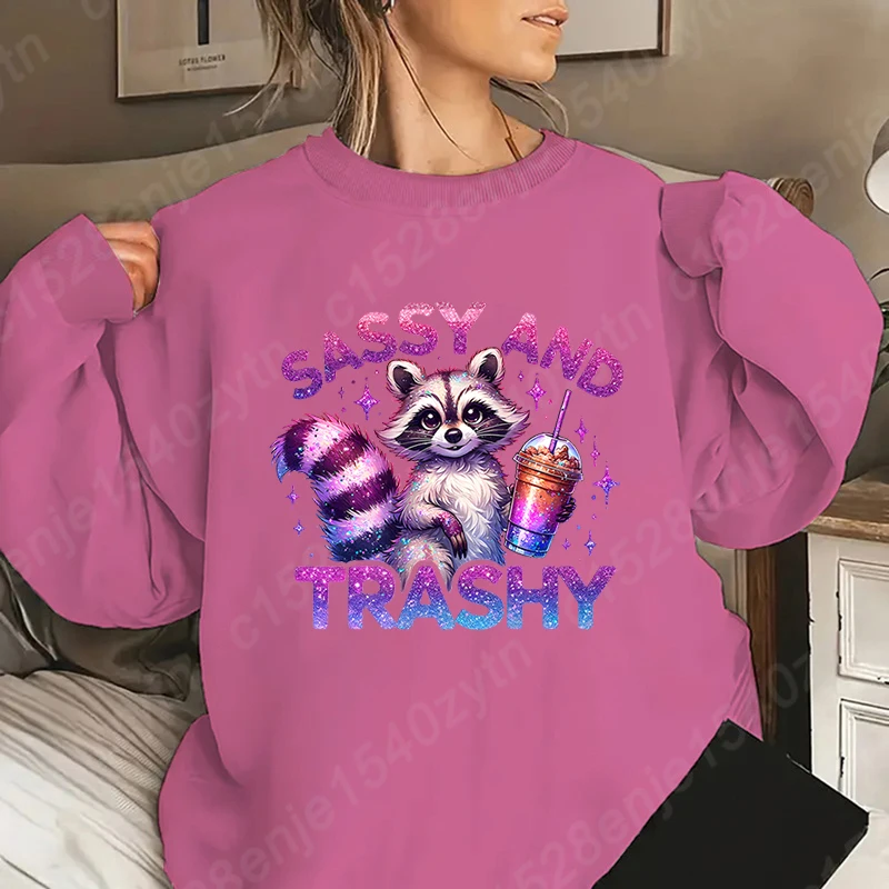 Racoon atrevido e lixo impressão em torno do pescoço sweatshirts moda feminina casual moletom sem capuz cor sólida senhoras pullovers topos