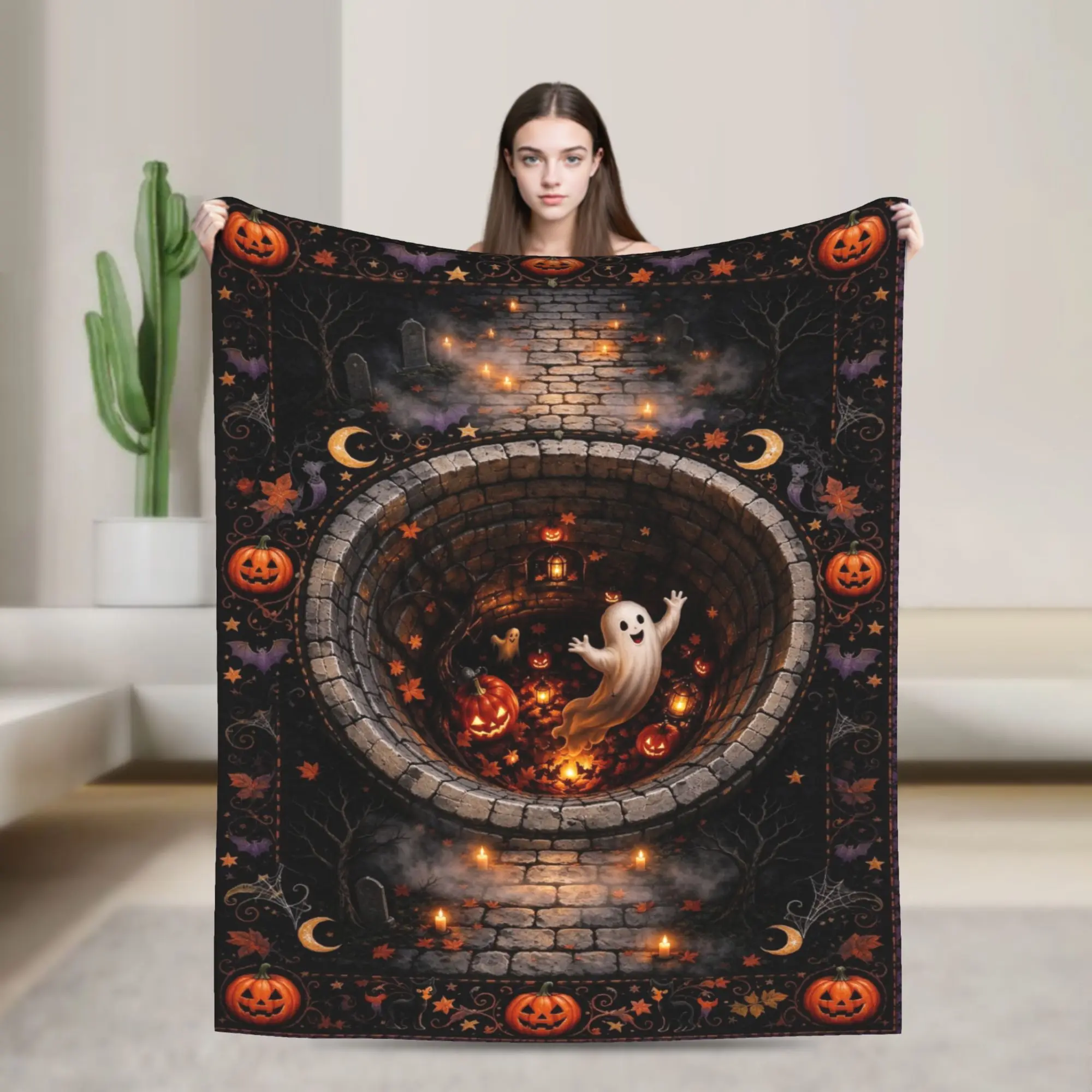 Halloween Spiral Optical Illusion Blanket Spooky Ghost Flannel Vintage Warm Throw Blankets for Bedding Lounge All Season