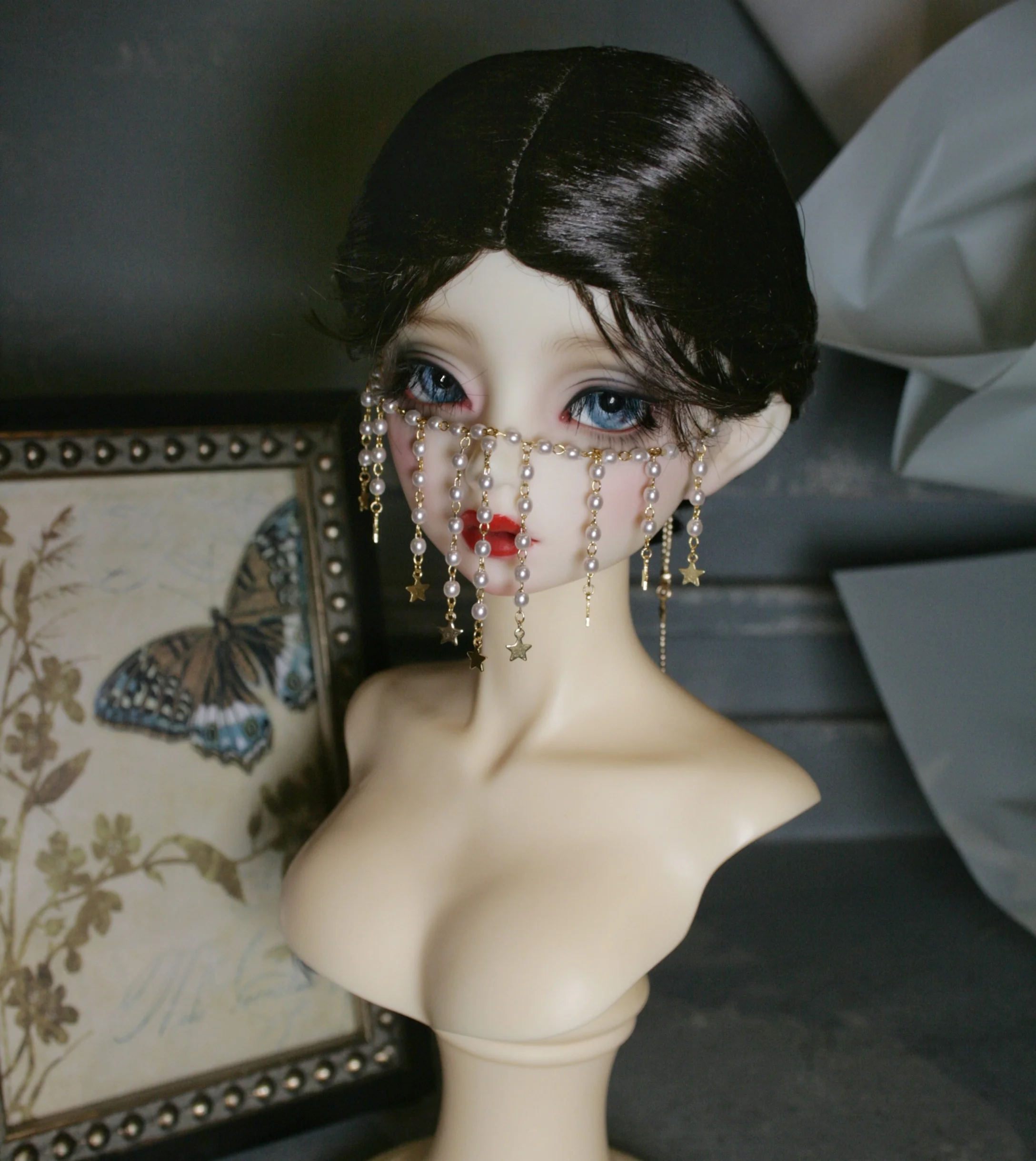 D10-A014 children toy BJD DD SD MSD 1/4 1/3 uncle doll's Accessoriess jewelry gold Tassel pearl face curtain customized mask 1pc