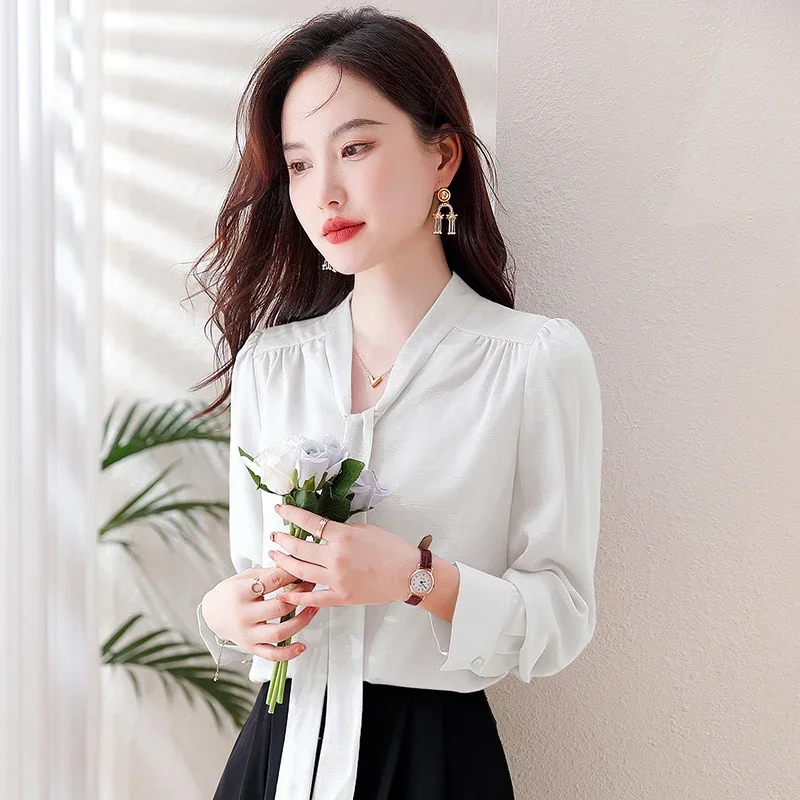 New Autumn Long Sleeve V-Neck Women Blouse Casual Lace-up White Chiffon Blouse Shirt Women Tops Blusas Mujer De Moda 2024 A576