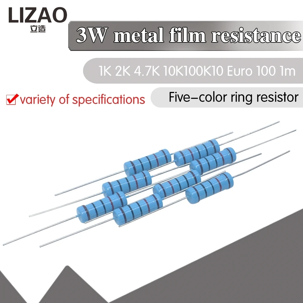 20PCS 3W Metal Film Resistor 1% Precision, 1R~1M Ohm 1R 4.7R 10R 22R 33R 47R 1K 4.7K 10K 100K Fixed Resistance