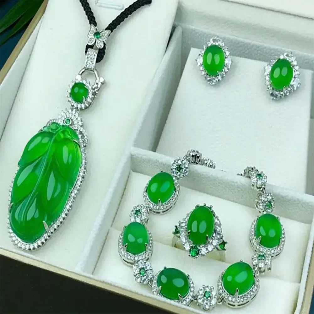 Green Jade Jewelry Set Women Natural Emerald Chalcedony Pendant Dangle Earrings Bracelets And Adjustable Rings Jewellery Sets