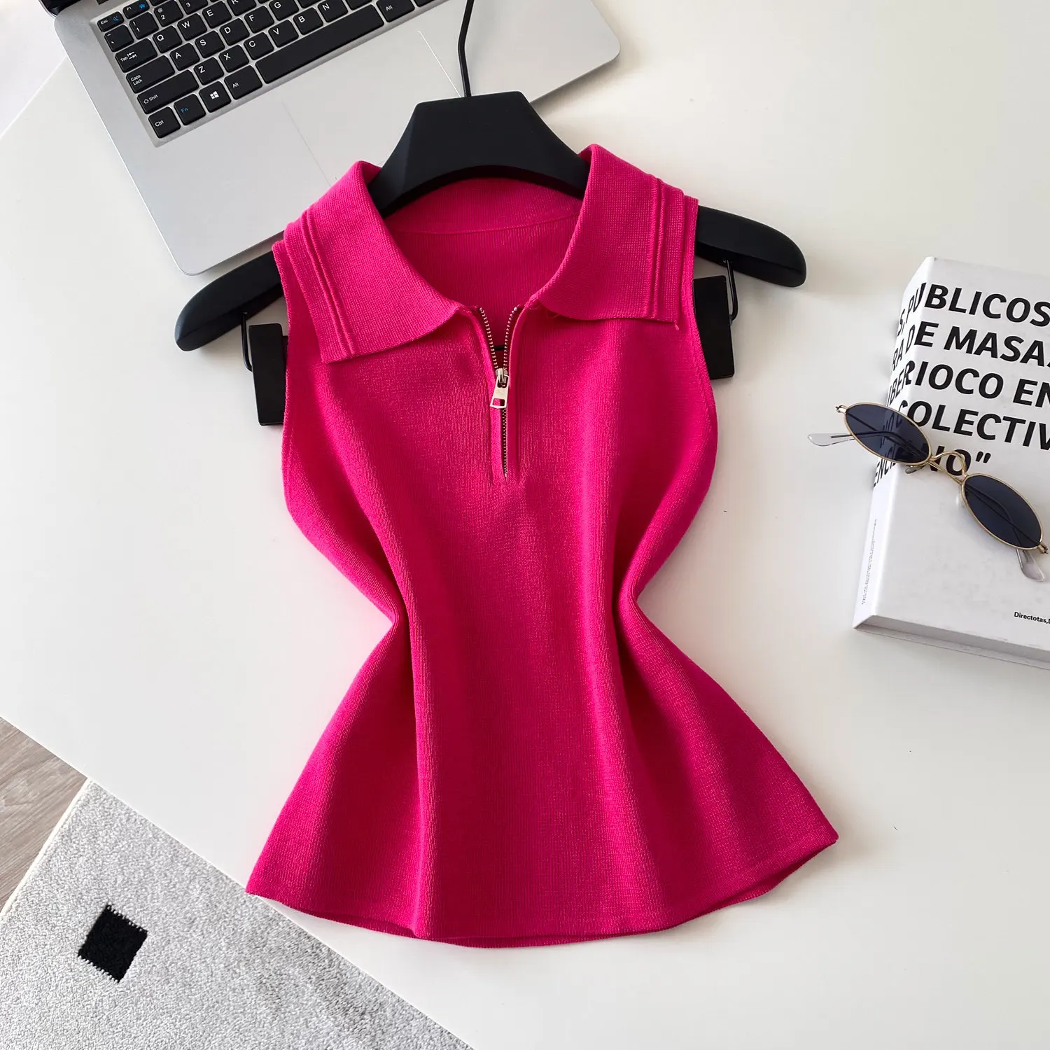 Tanks Tops Women Top Knit Zipper Sleeveless Turn Down Collar Solid Sexy Y2k Streetwear High Waist Elegant Work Slim Fit 2026