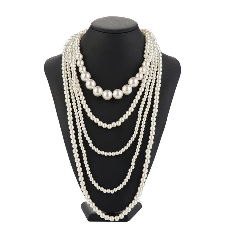 Vintage Imitation Pearl Necklace For Women Long White Multi Layered Pearl Neckchain Party Birthday Jewelry Gift