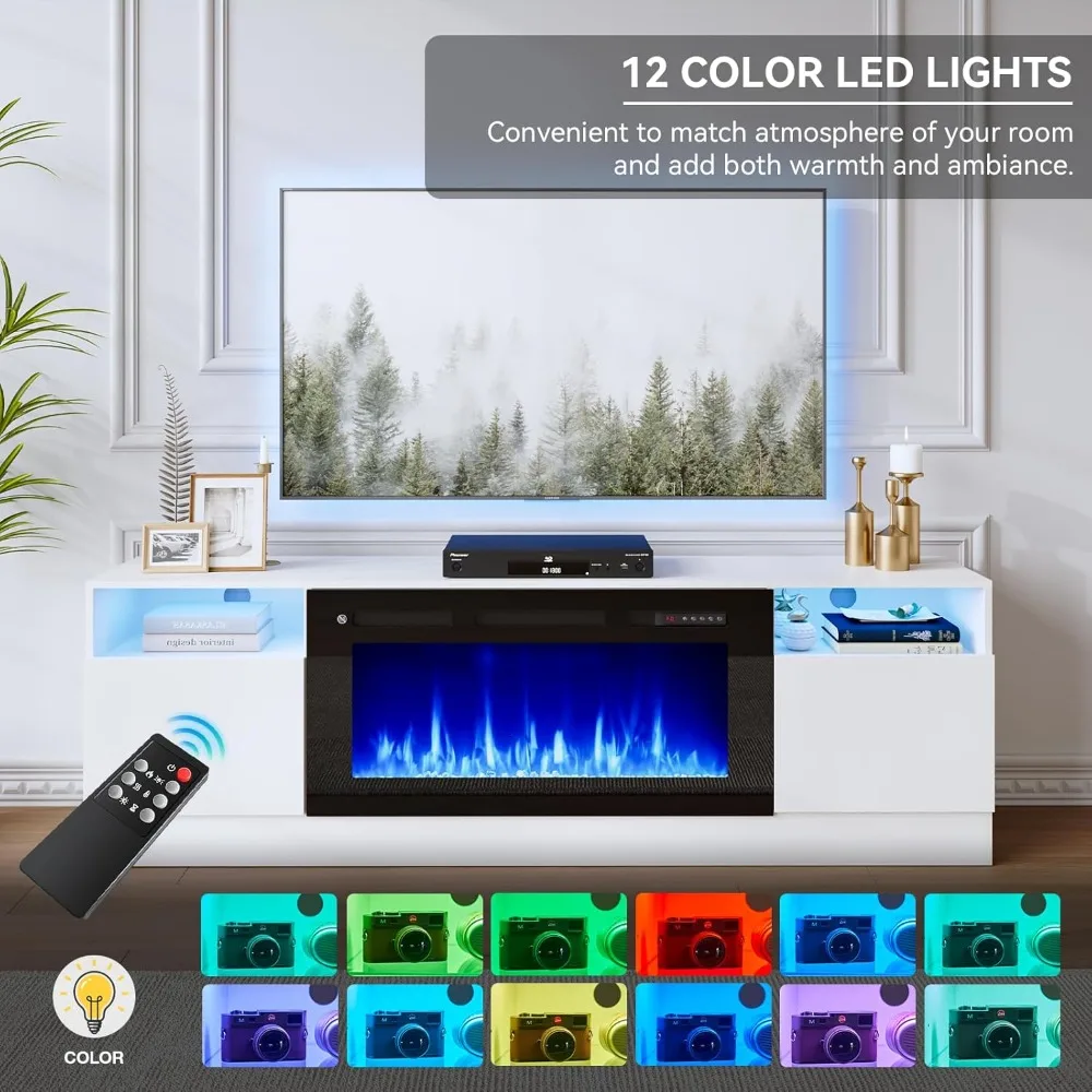 70인치 TV 스탠드와 36인치 전기 벽난로, 대형 모던 미디어 엔터테인먼트 센터, 수납장 및 12색 LED 포함