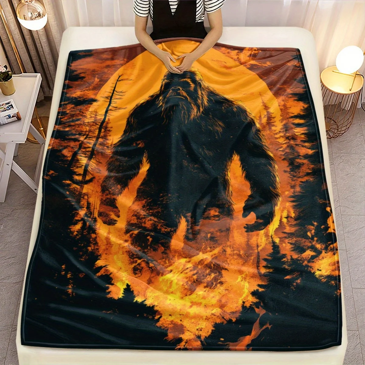 Custom Bigfoot Blanket Sasquatch Forest Silhouette Design Personalized Name Fleece Throw All Season Soft Warm Bedding Home