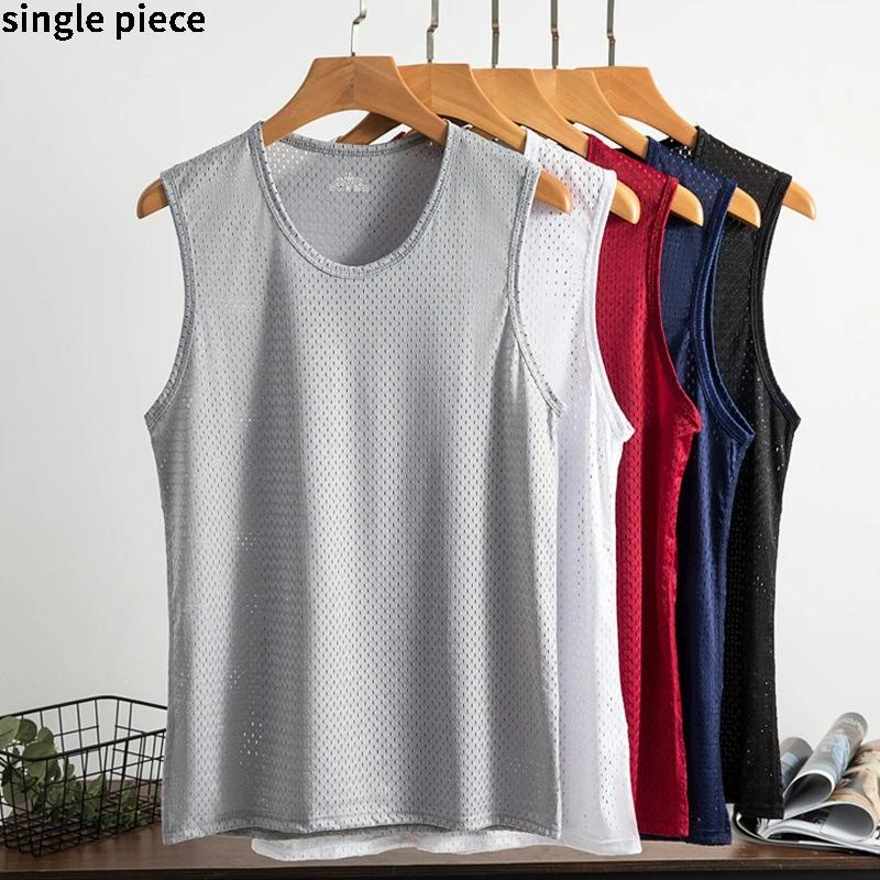Men's Ice Silk Mesh Hollow Ice Cool Tank Top Men Summer Thin Tank Top Slimming Sports Breathable Fitness Base Shirt Solid Color